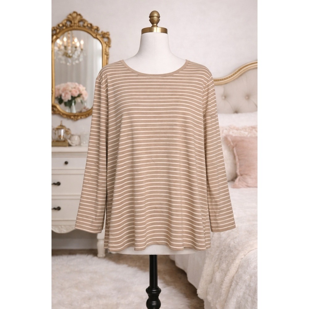 Duluth Trading Popover Tee Top Tan White Striped Soft Cotton Stretch Size XXL 2X
